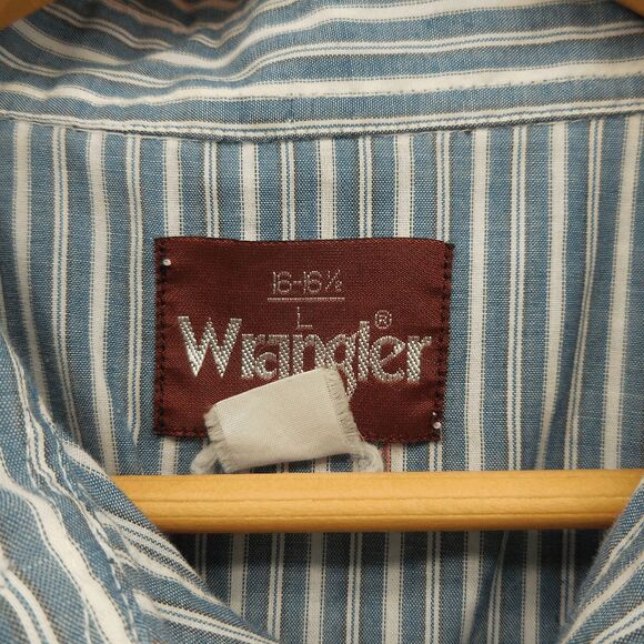 Vintage 90s Wrangler Striped Green White Pearl Snap Mens Large 16-16.5 Bowling - Picture 4 of 5